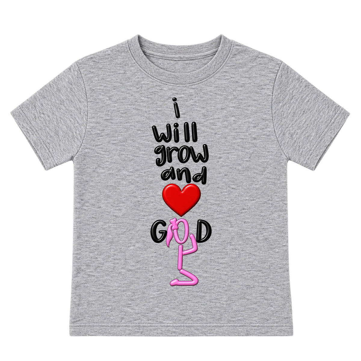 I WILL GROW AND LOVE GOD kids T-shirt Heather Gray front, Ponytail profile, EMBOSS
