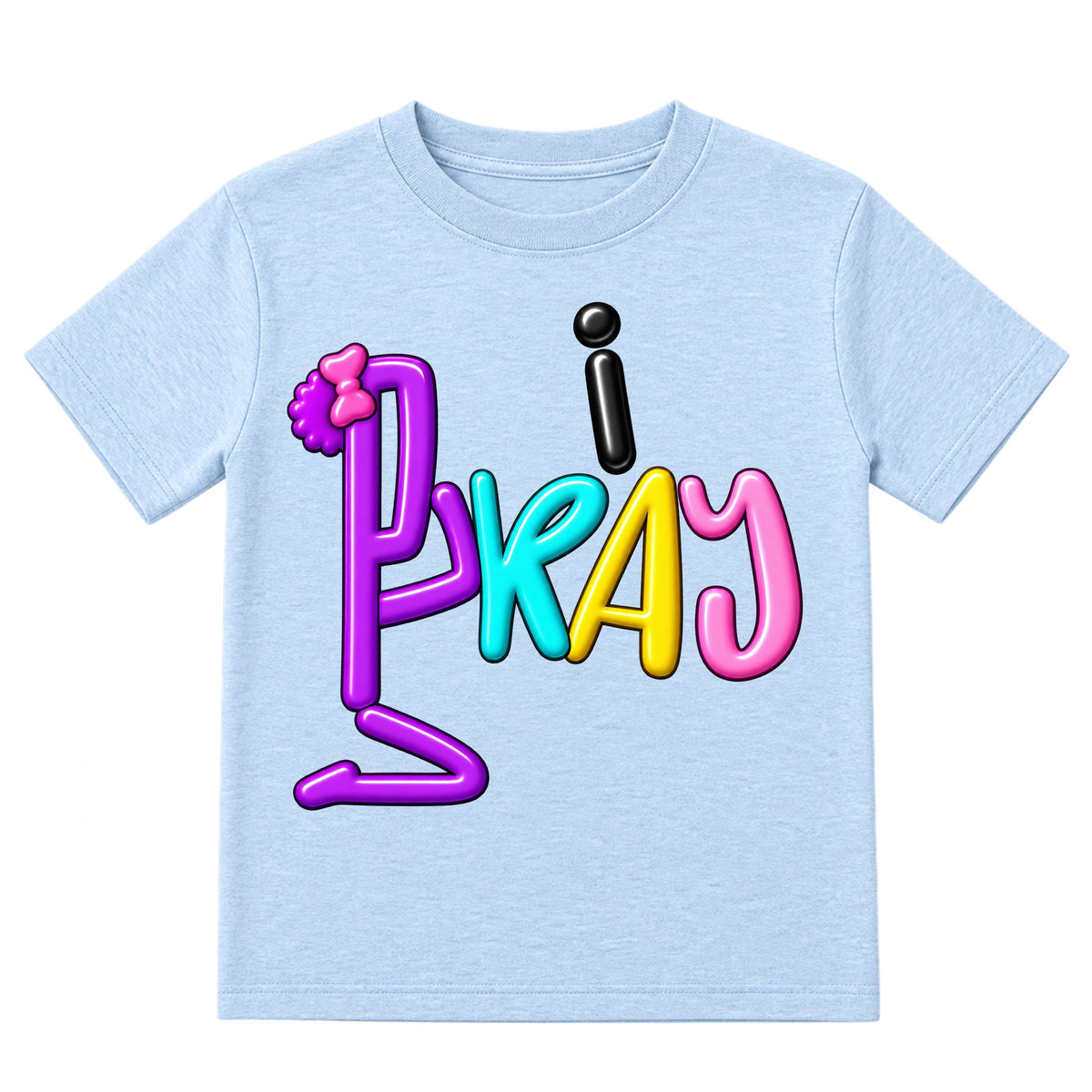I PRAY kids T-shirt Ice Blue front, Bun profile, EMBOSS