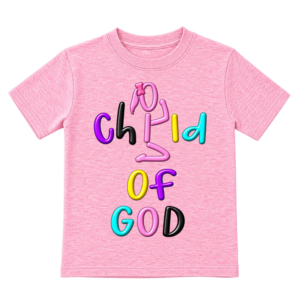 CHILD OF GOD kids T-shirt Cotton Candy Pink front, Ponytail profile, EMBOSS