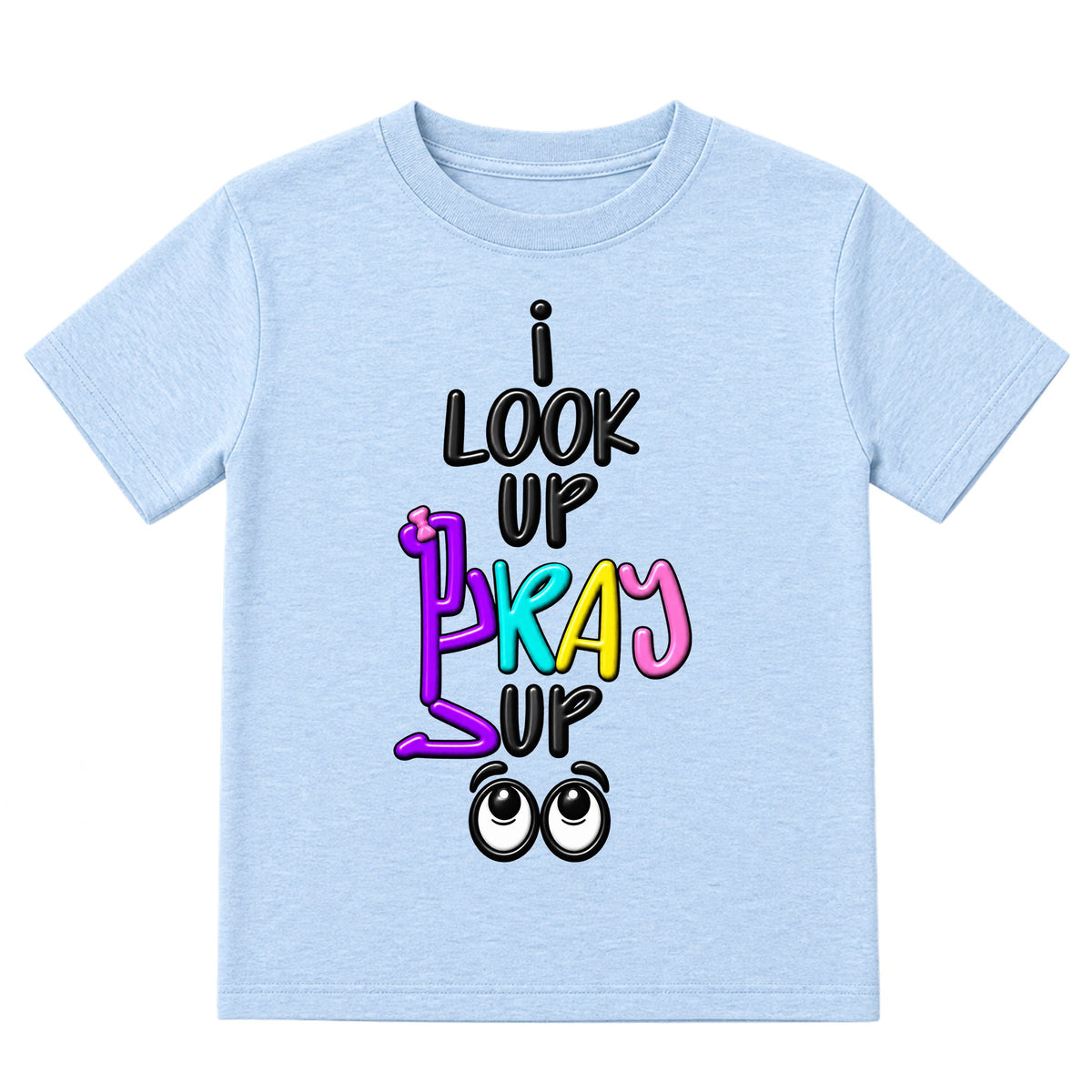I LOOK UP PRAY UP kids T-shirt Ice Blue front, Bun profile, EMBOSS