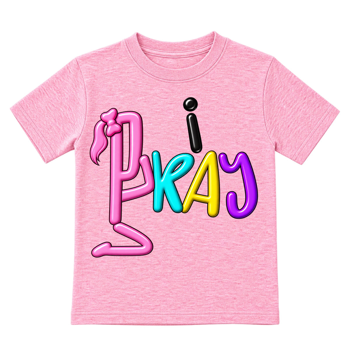 I PRAY kids T-shirt Cotton Candy Pink front, Ponytail profile, EMBOSS