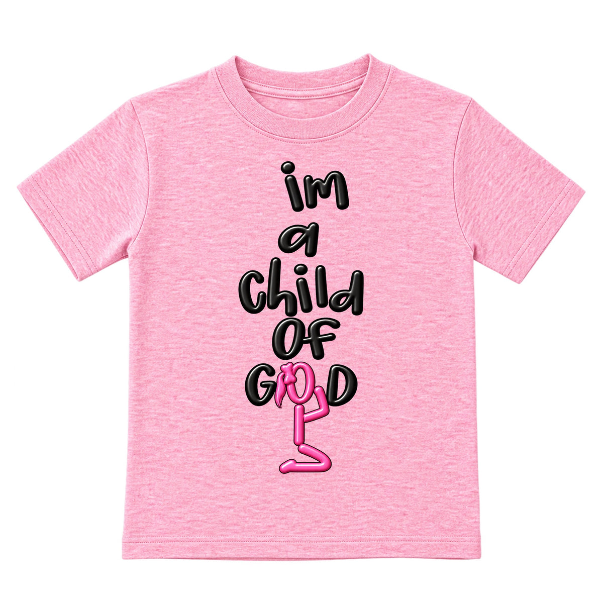 I'M A CHILD OF GOD kids T-shirt Cotton Candy Pink front, Ponytail profile, EMBOSS