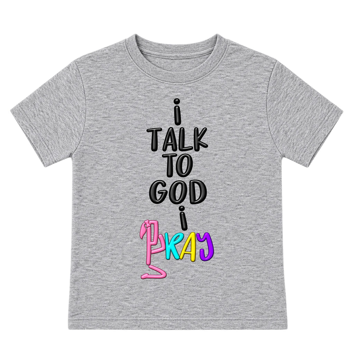 I TALK TO GOD kids T-shirt Heather Gray front, Ponytail profile, EMBOSS