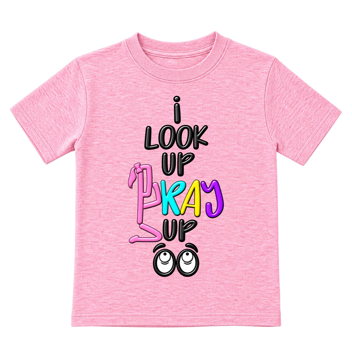 I LOOK UP PRAY UP kids T-shirt Cotton Candy Pink front, Ponytail profile, EMBOSS