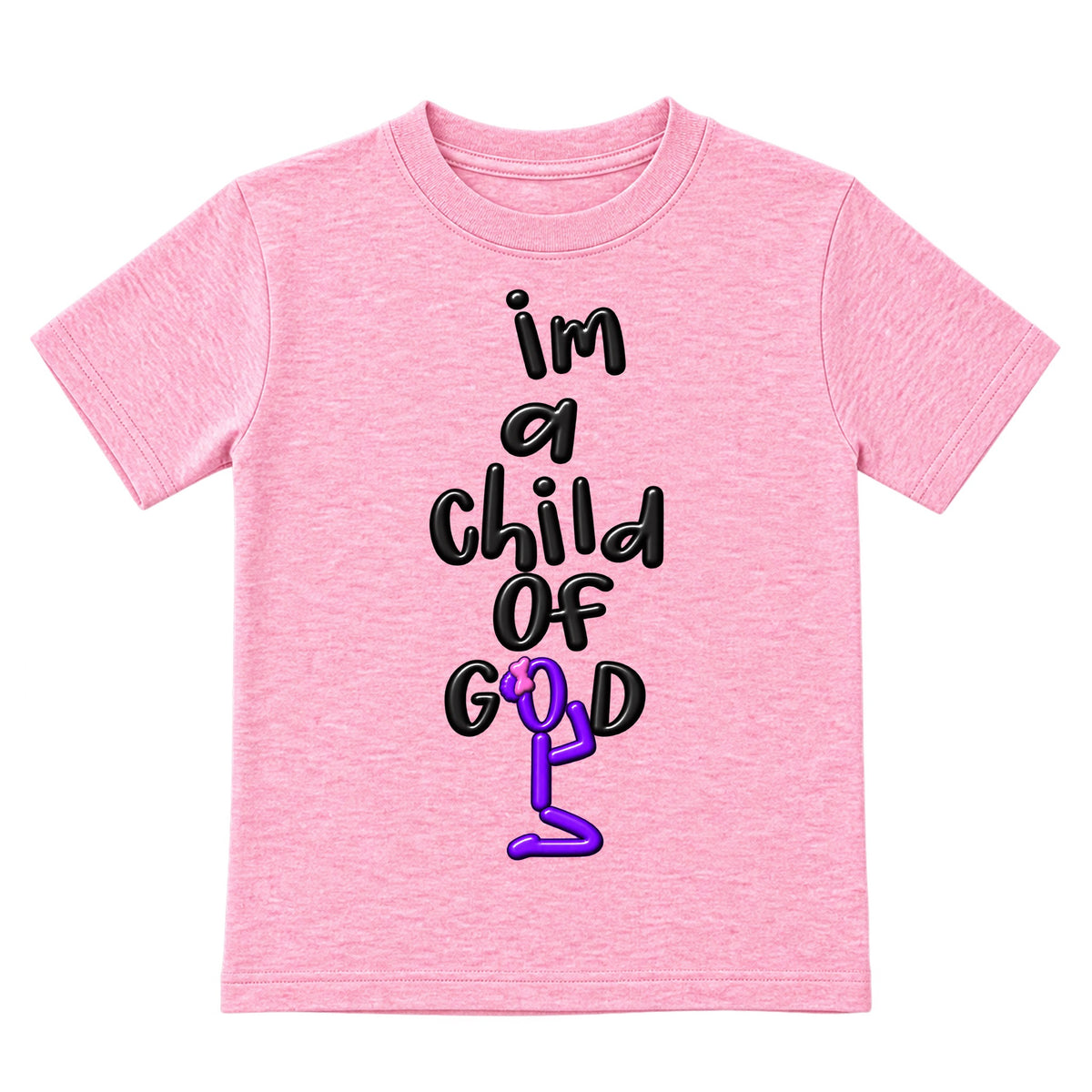 I'M A CHILD OF GOD kids T-shirt Cotton Candy Pink front, Bun profile, EMBOSS