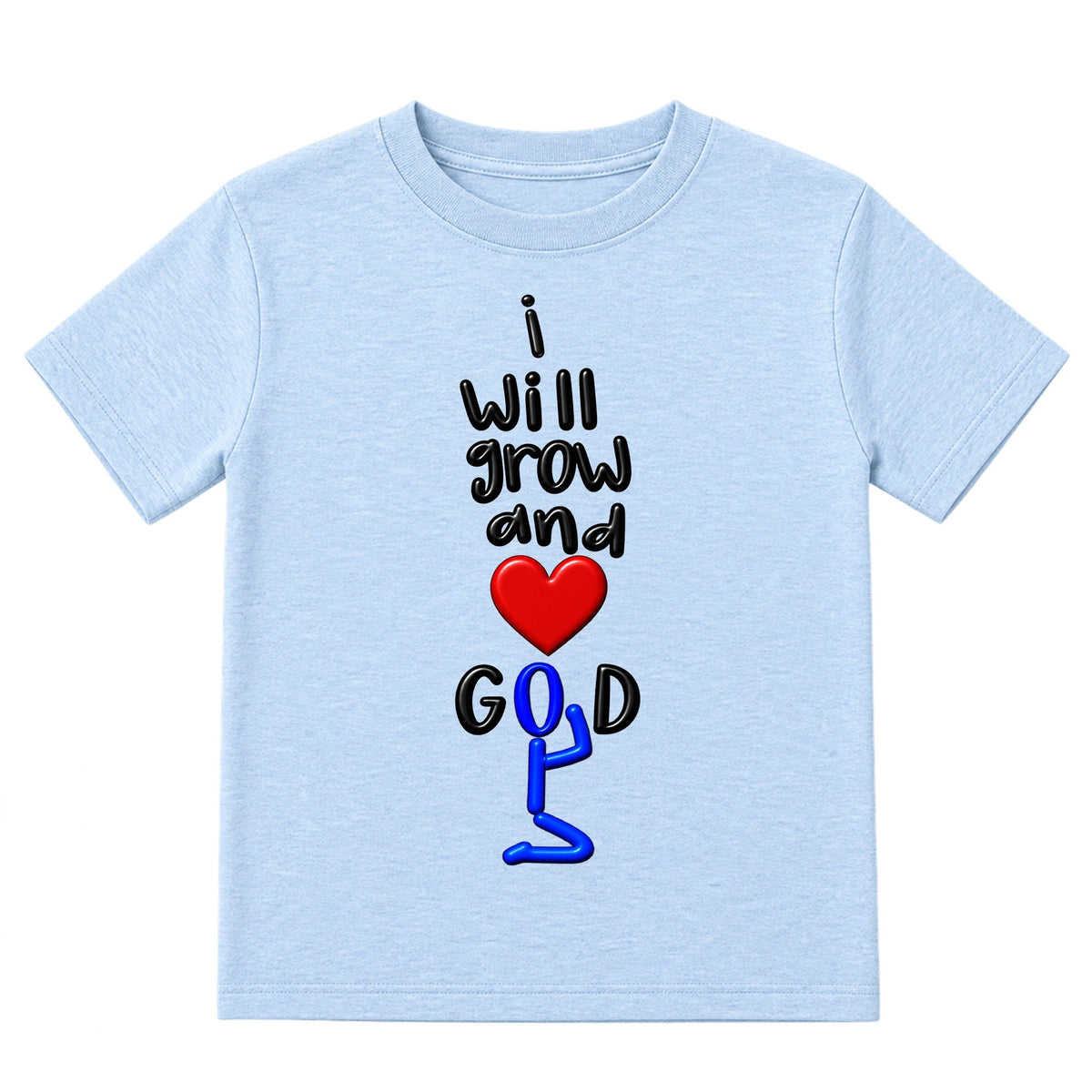 I WILL GROW AND LOVE GOD kids T-shirt Ice Blue front, Original profile, EMBOSS