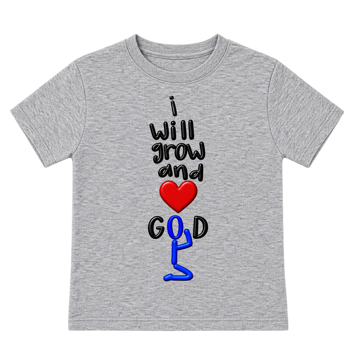 I WILL GROW AND LOVE GOD kids T-shirt Heather Gray front, Original profile, EMBOSS