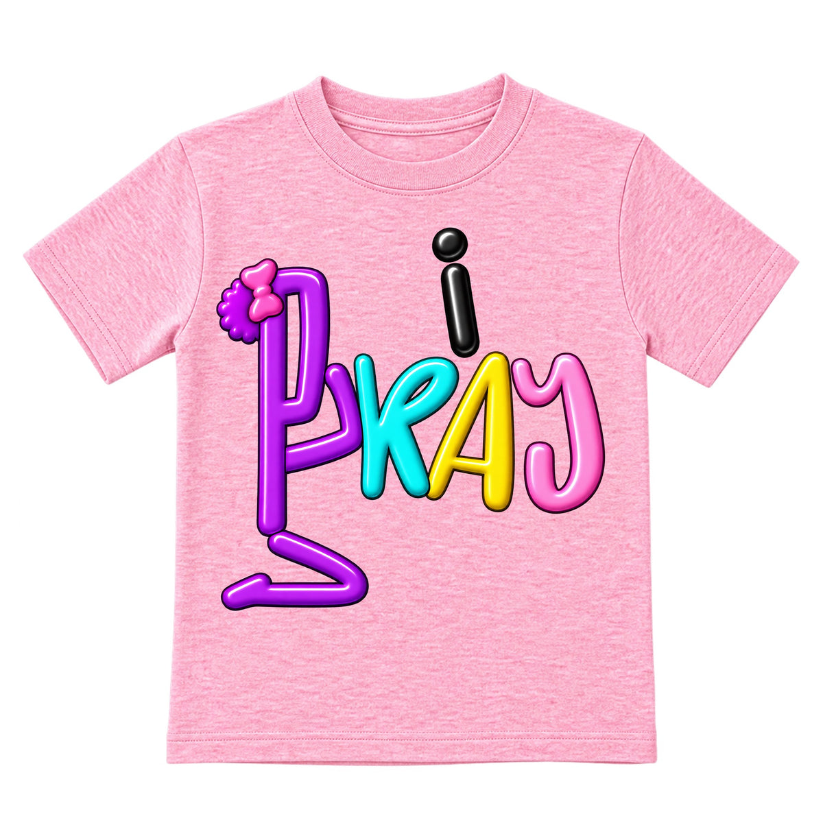 I PRAY kids T-shirt Cotton Candy Pink front, Bun profile, EMBOSS