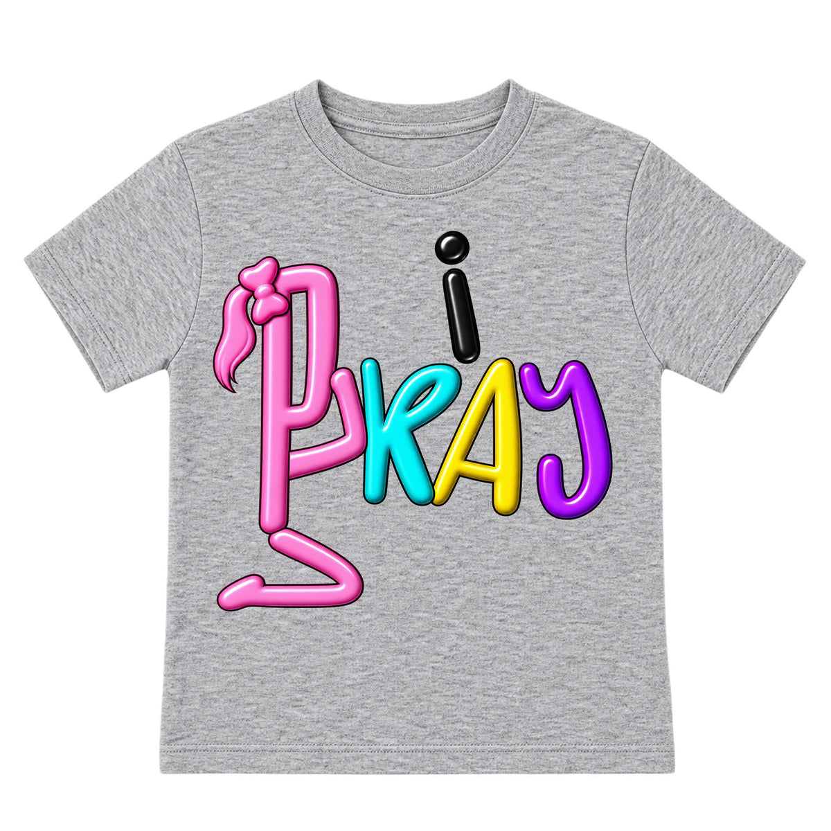 I PRAY kids T-shirt Heather Gray front, Ponytail profile, EMBOSS