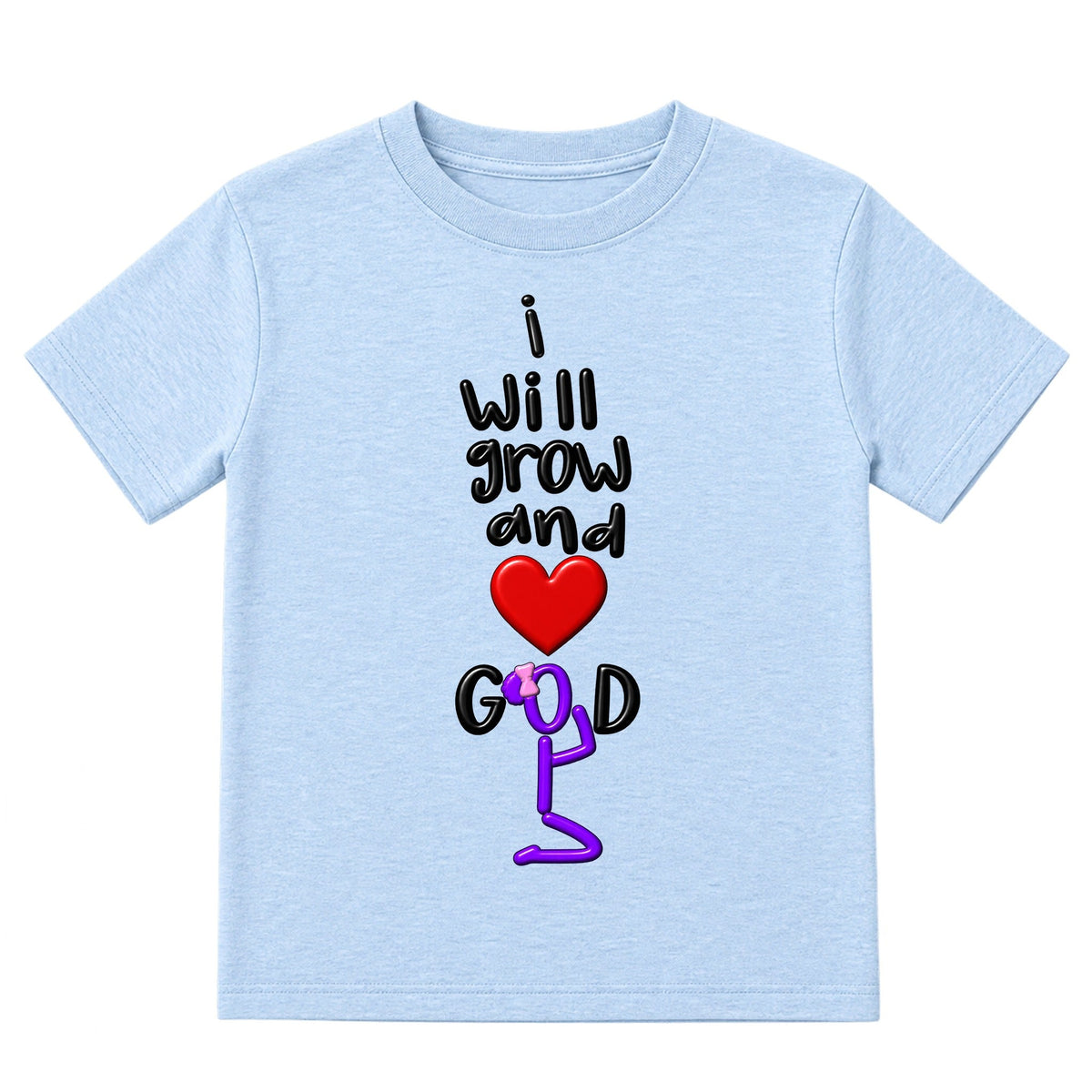 I WILL GROW AND LOVE GOD kids T-shirt Ice Blue front, Bun profile, EMBOSS