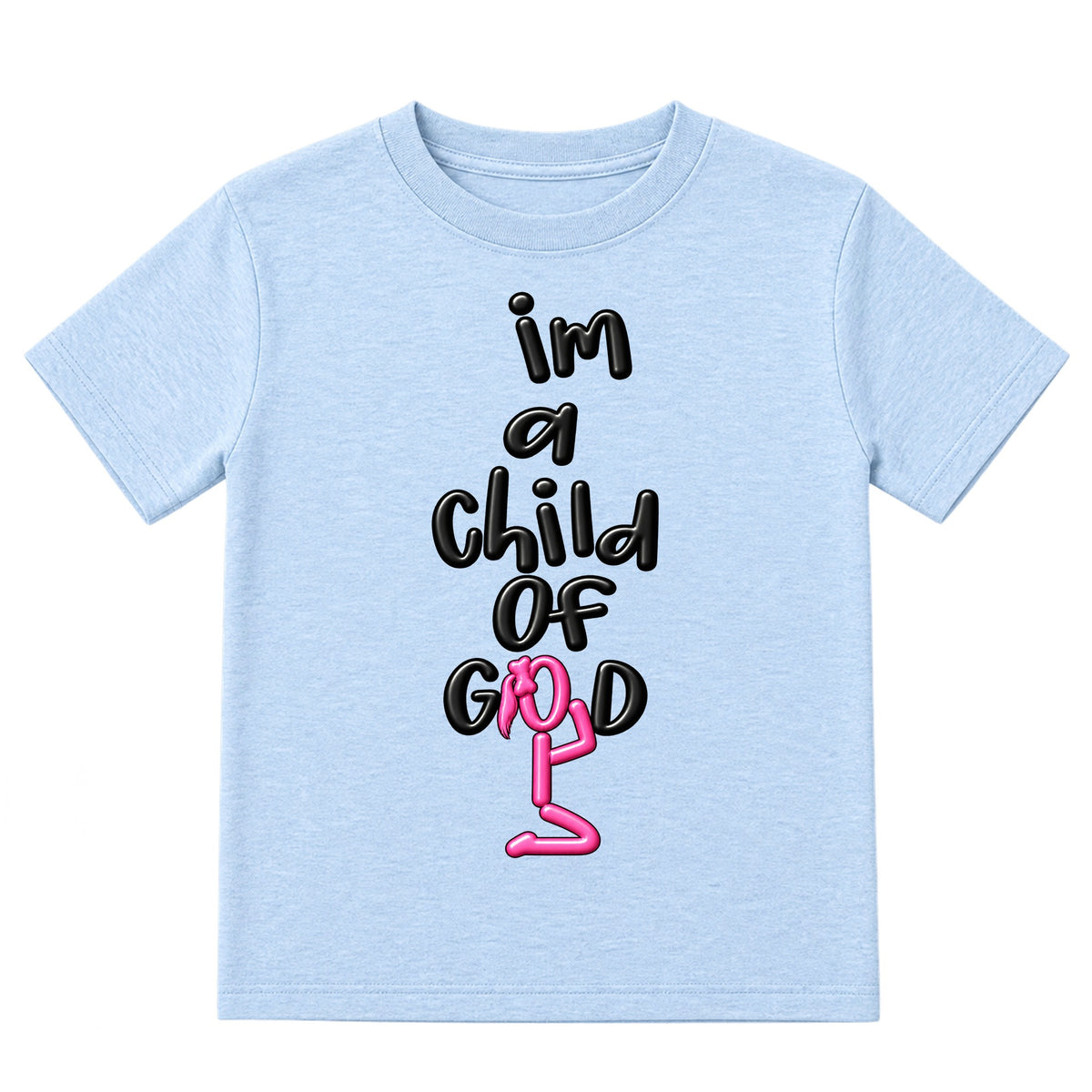 I'M A CHILD OF GOD kids T-shirt Ice Blue front, Ponytail profile, EMBOSS