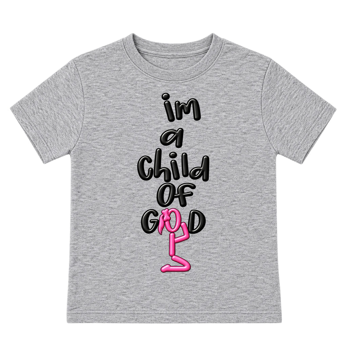 I'M A CHILD OF GOD kids T-shirt Heather Gray front, Ponytail profile, EMBOSS