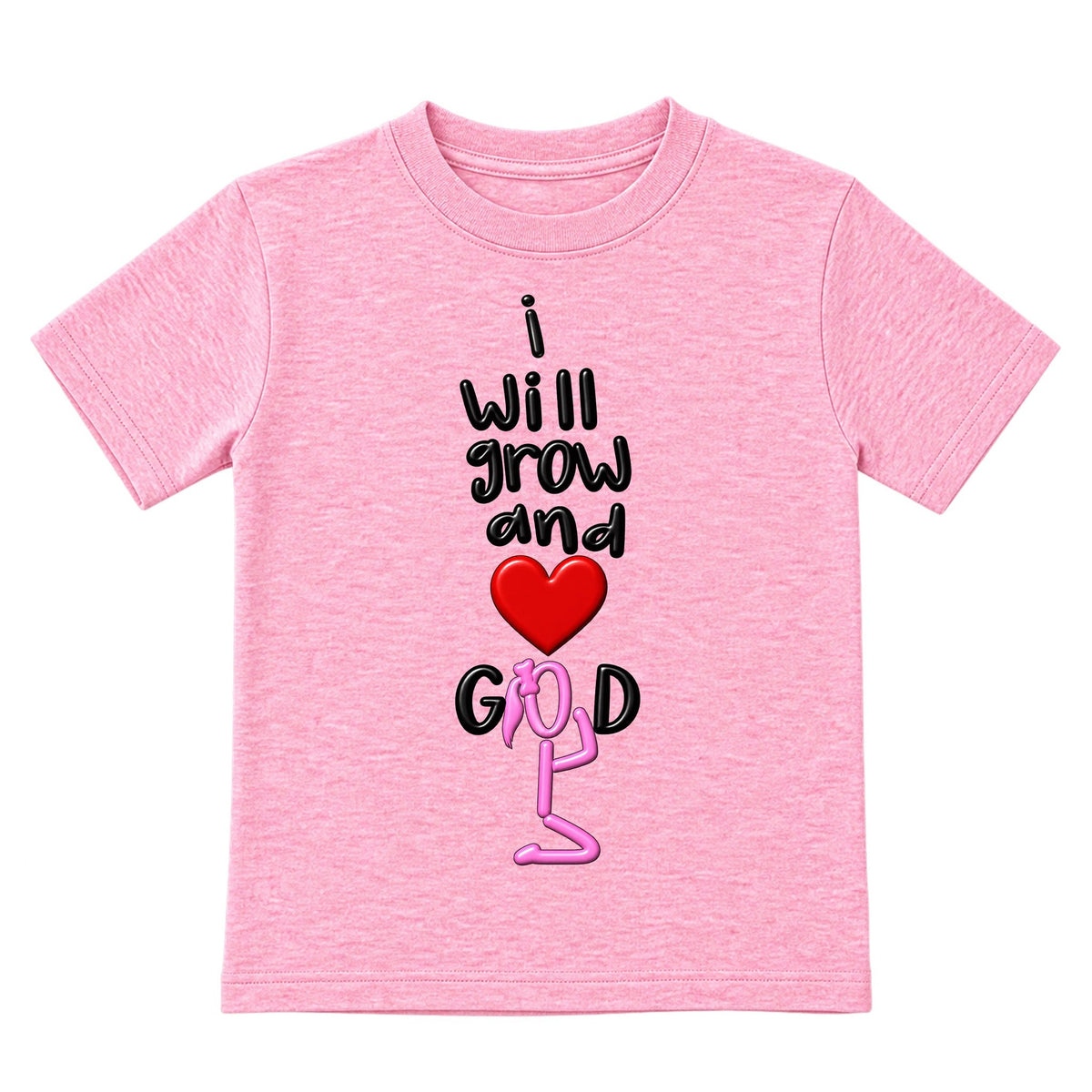I WILL GROW AND LOVE GOD kids T-shirt Cotton Candy Pink front, Ponytail profile, EMBOSS