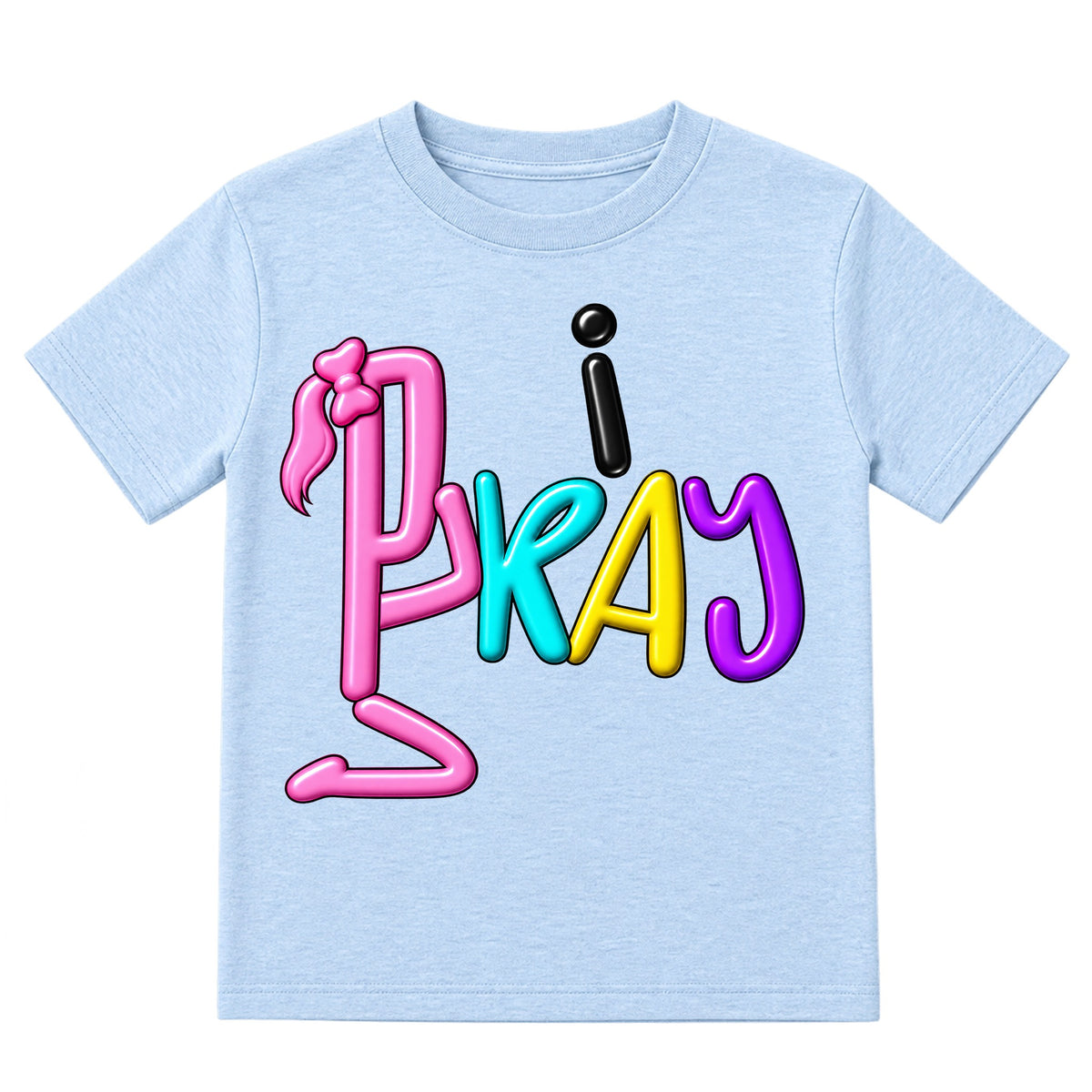I PRAY kids T-shirt Ice Blue front, Ponytail profile, EMBOSS
