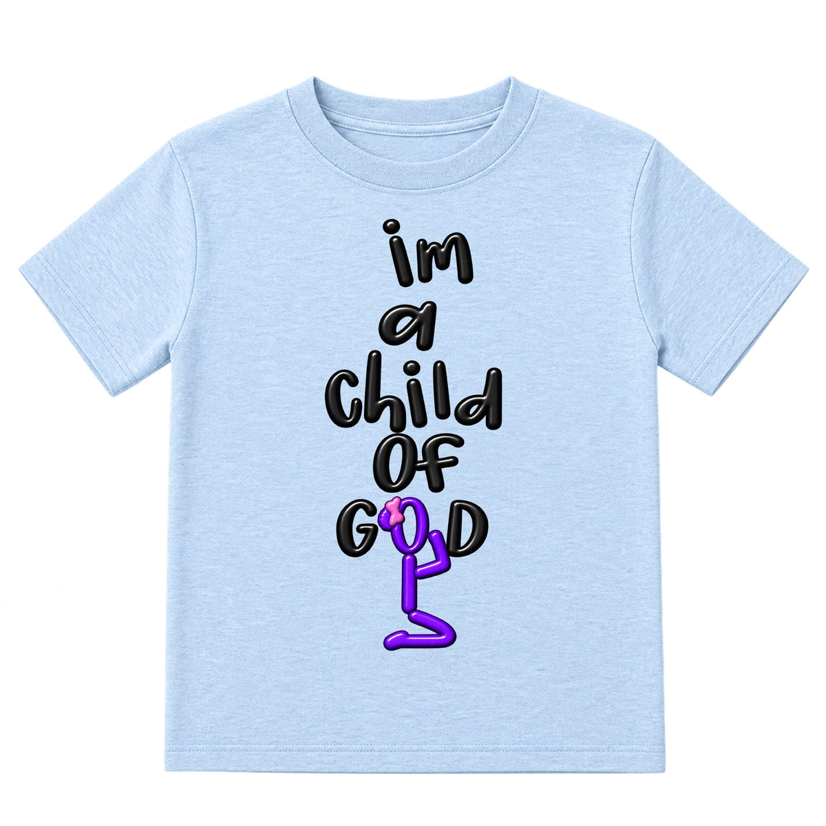 I'M A CHILD OF GOD kids T-shirt Ice Blue front, Bun profile, EMBOSS