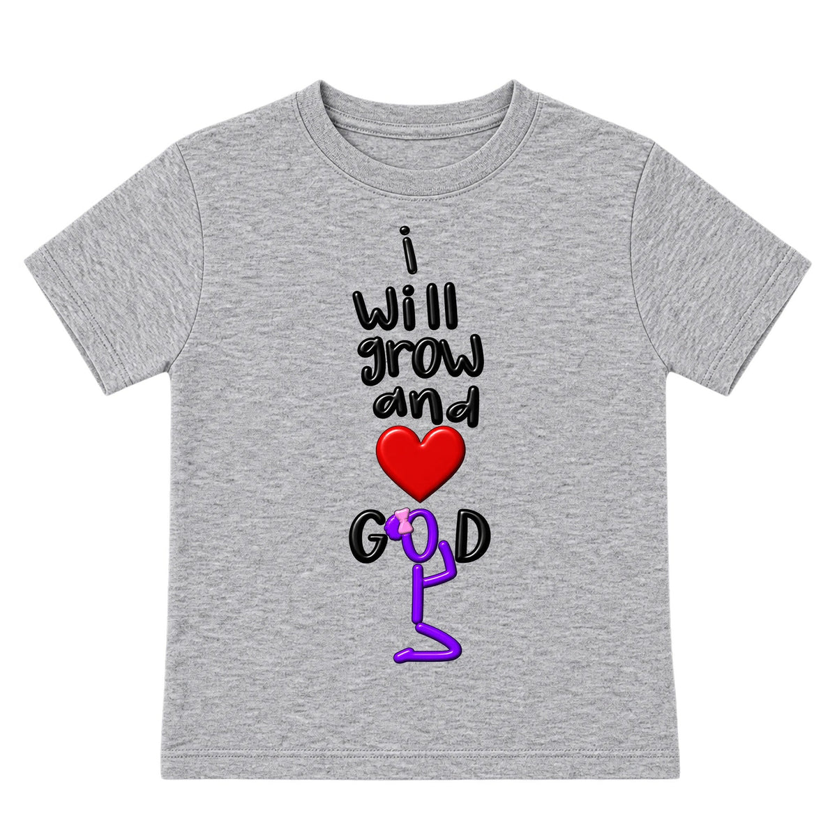I WILL GROW AND LOVE GOD kids T-shirt Heather Gray front, Bun profile, EMBOSS