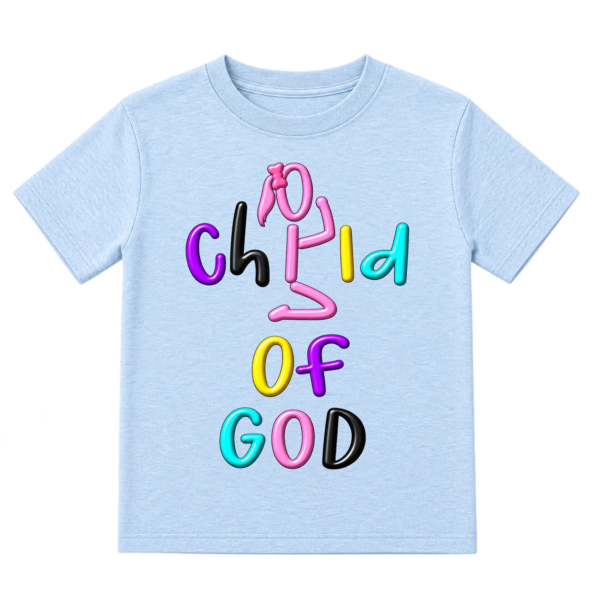 CHILD OF GOD kids T-shirt Ice Blue front, Ponytail profile, EMBOSS