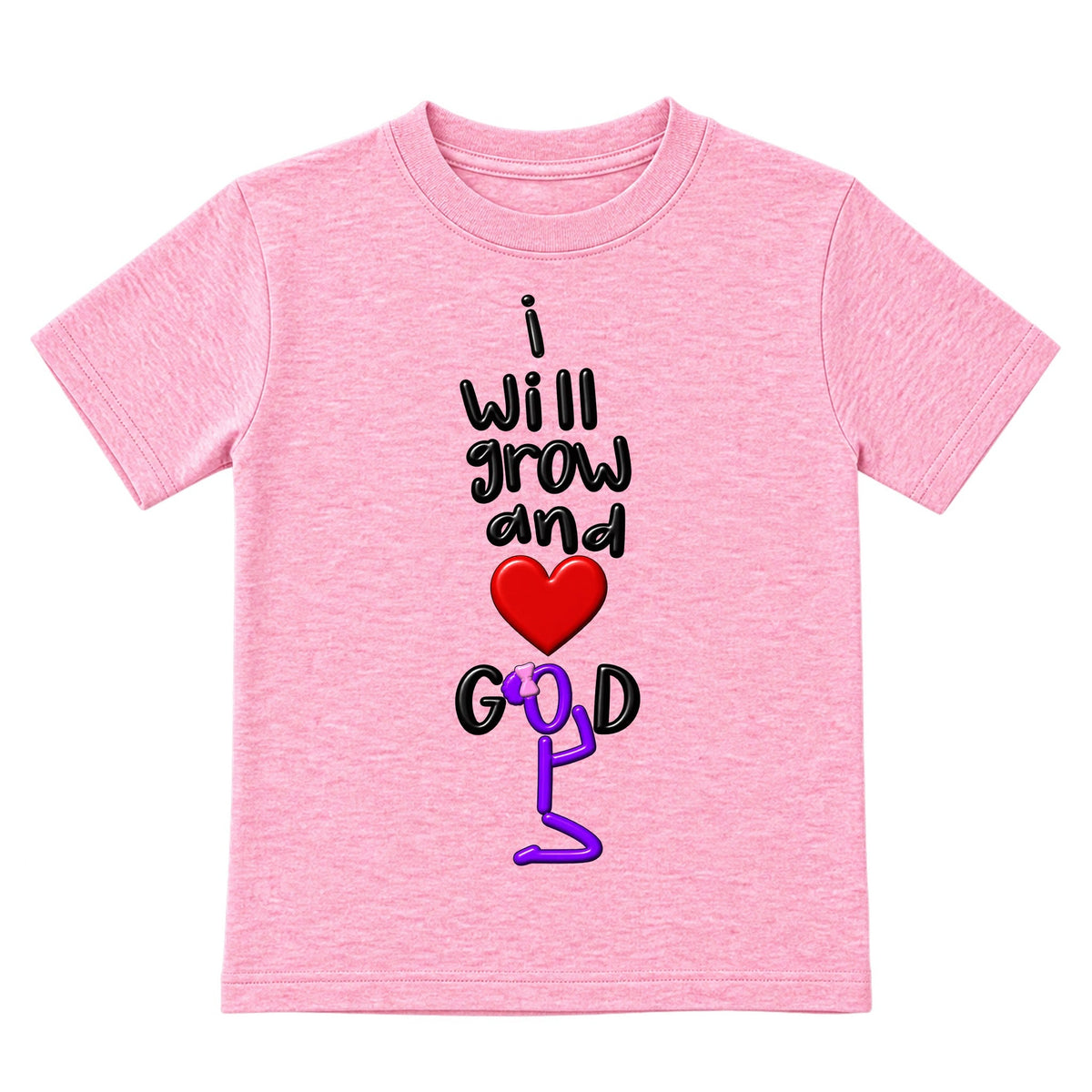 I WILL GROW AND LOVE GOD kids T-shirt Cotton Candy Pink front, Bun profile, EMBOSS