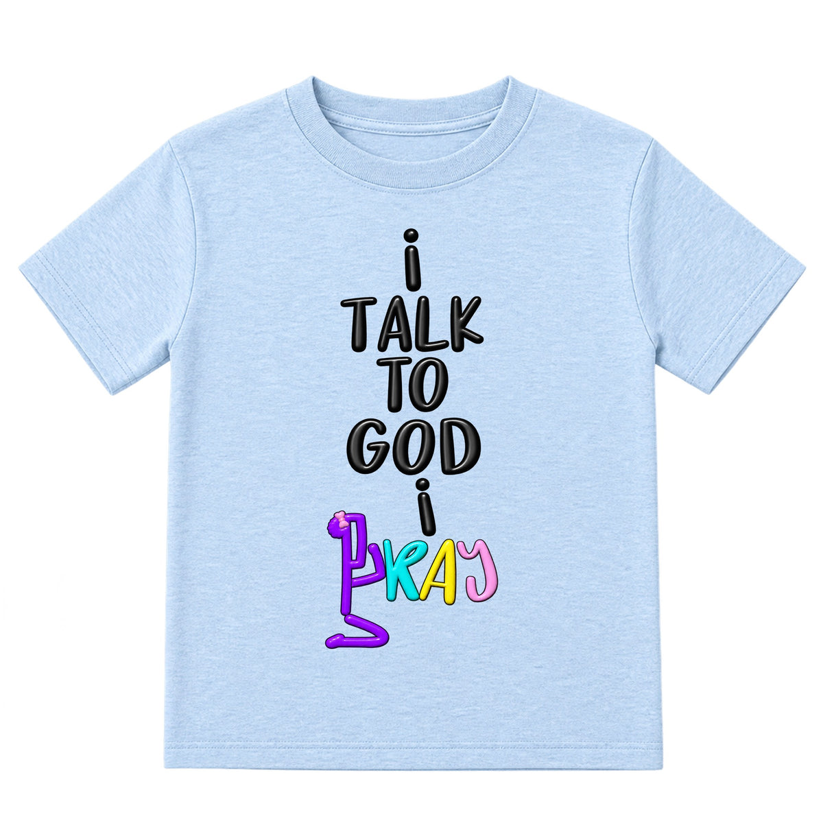 I TALK TO GOD kids T-shirt Ice Blue front, Bun profile, EMBOSS
