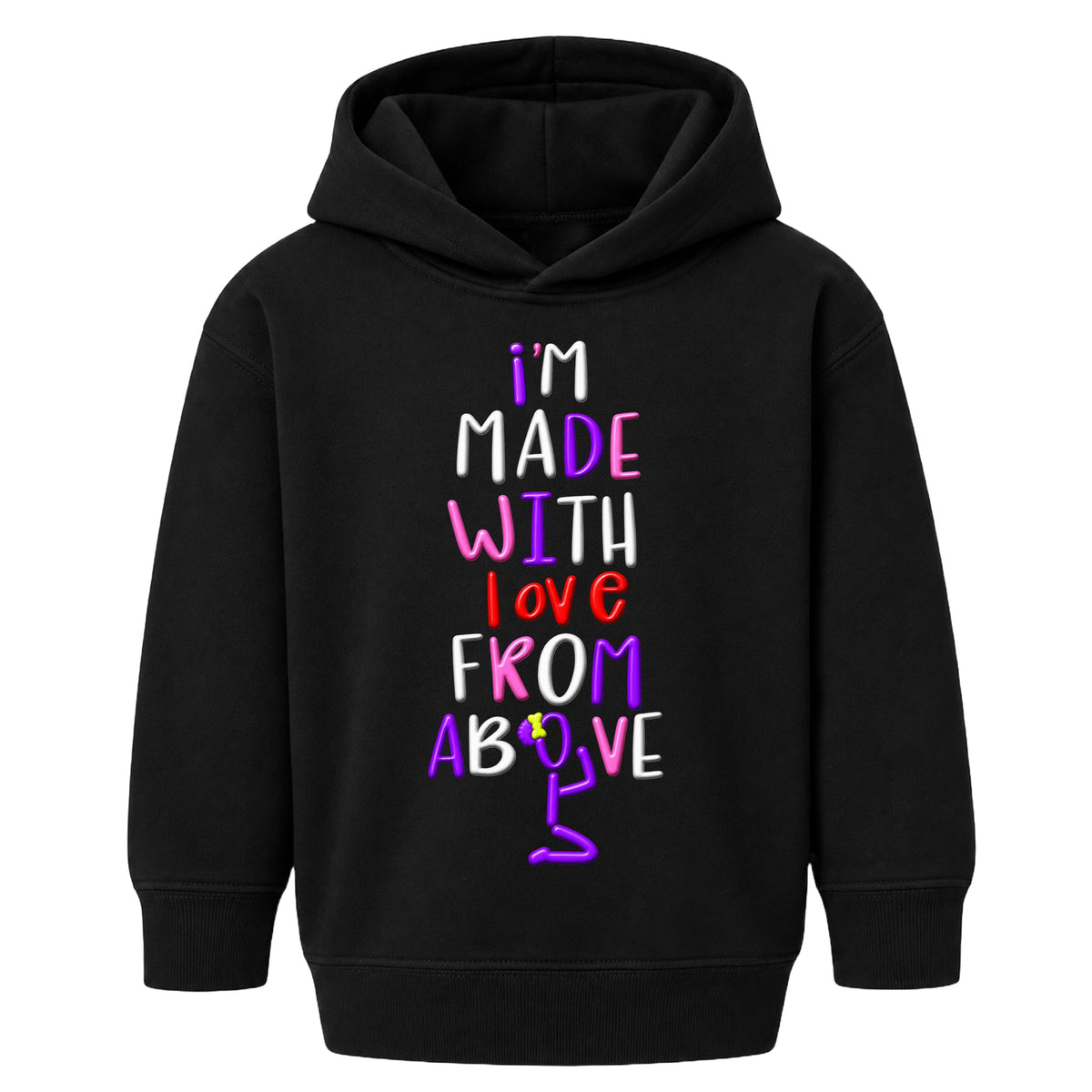 I'M MADE WITH LOVE FROM ABOVE kids hoodie Black front — Bun profile, new approved image