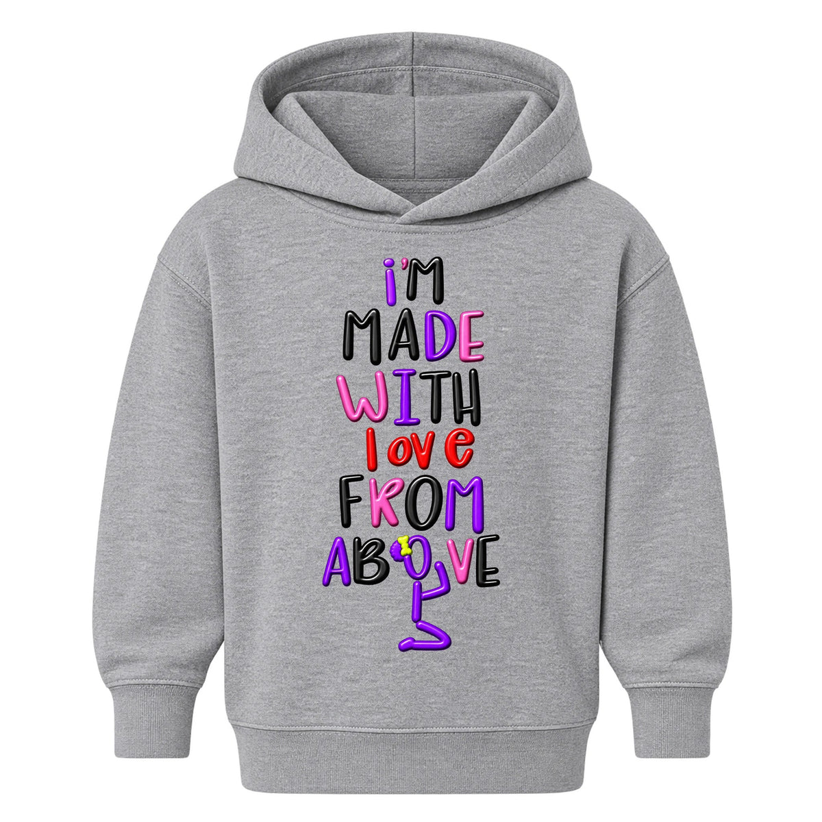 I'M MADE WITH LOVE FROM ABOVE kids hoodie Heather Gray front — Bun profile, new approved image