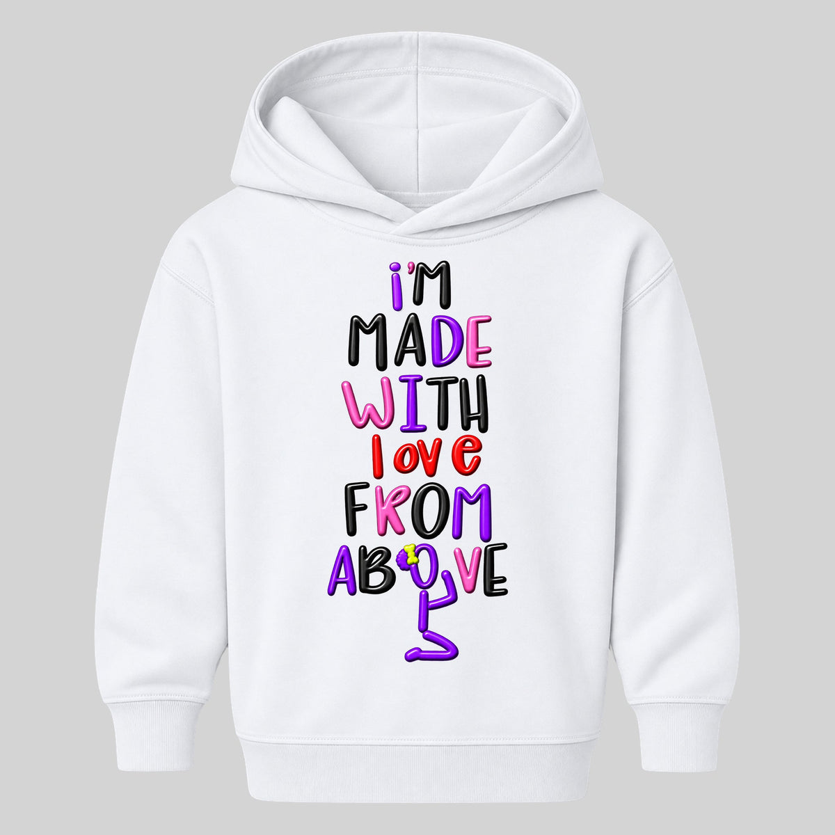 I'M MADE WITH LOVE FROM ABOVE kids hoodie White front — Bun profile, new approved image