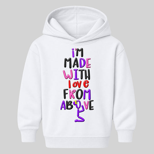 I'M MADE WITH LOVE FROM ABOVE kids hoodie White front — Bun profile, new approved image