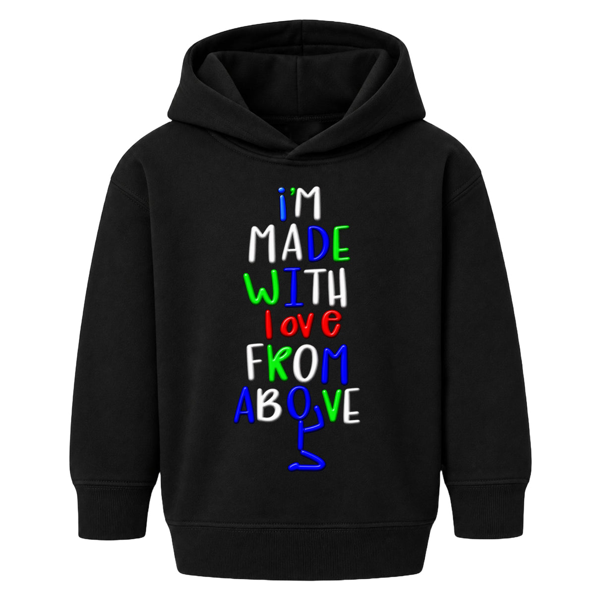 I'M MADE WITH LOVE FROM ABOVE kids hoodie Black front — Original profile, new approved image