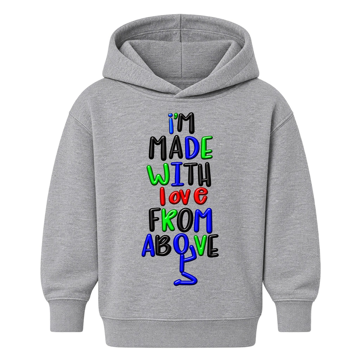 I'M MADE WITH LOVE FROM ABOVE kids hoodie Heather Gray front — Original profile, new approved image