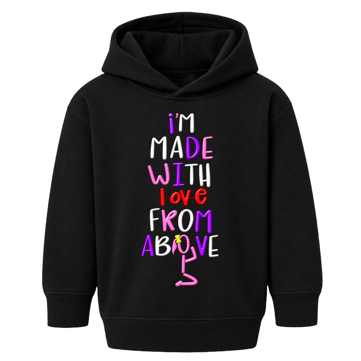 I'M MADE WITH LOVE FROM ABOVE kids hoodie Black front — Ponytail profile, new approved image