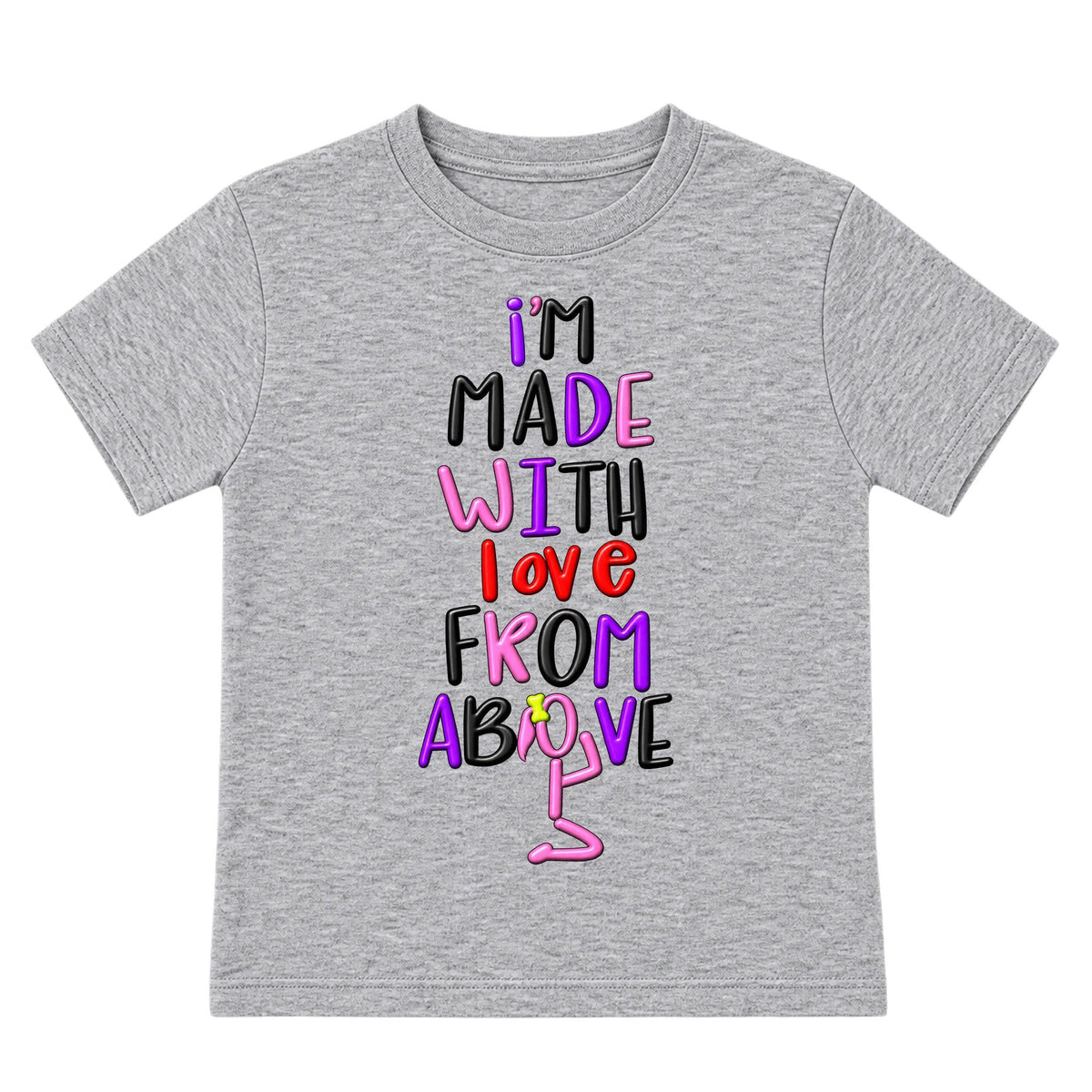 I'M MADE WITH LOVE FROM ABOVE kids T-shirt Heather Gray front — Ponytail profile, new approved image