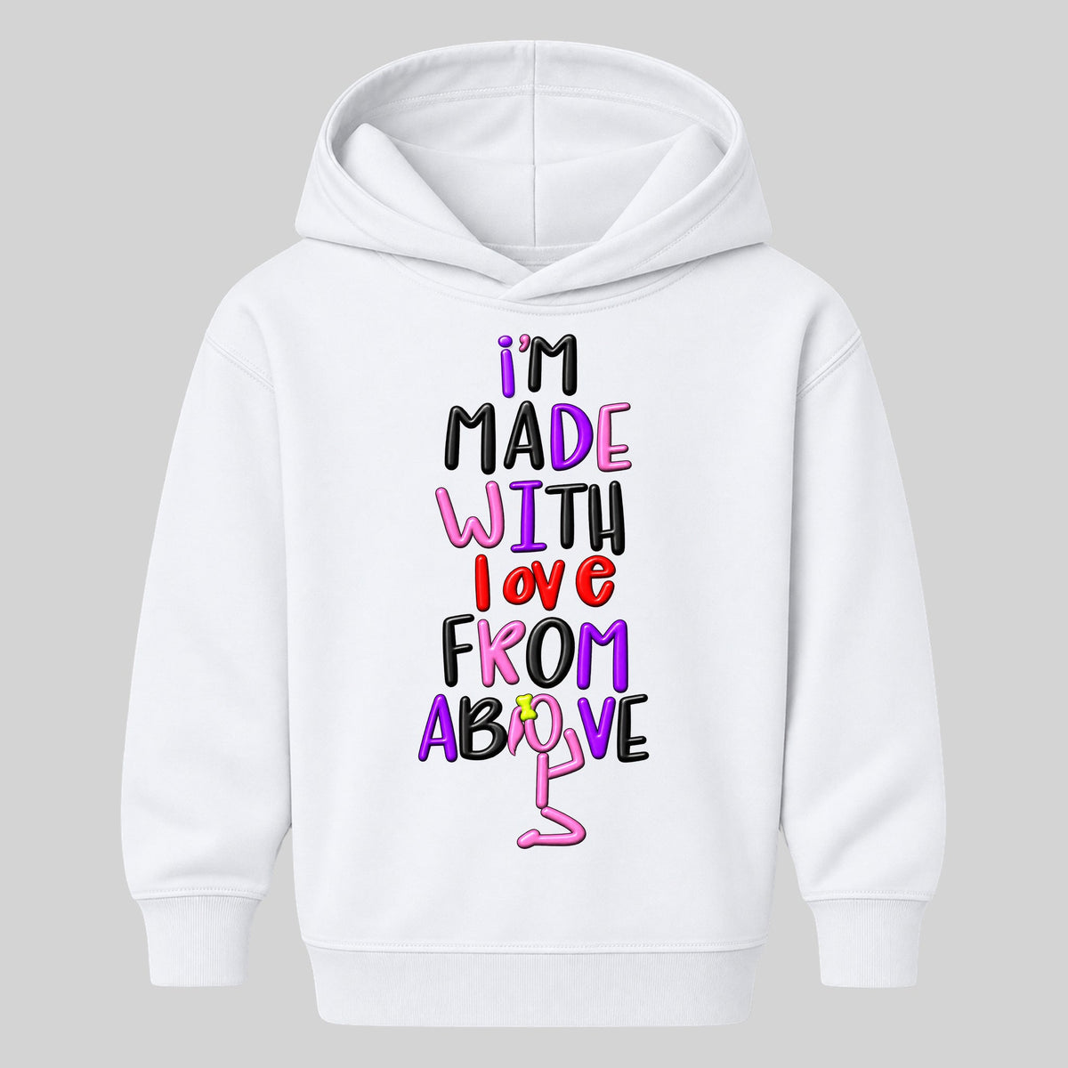 I'M MADE WITH LOVE FROM ABOVE kids hoodie White front — Ponytail profile, new approved image